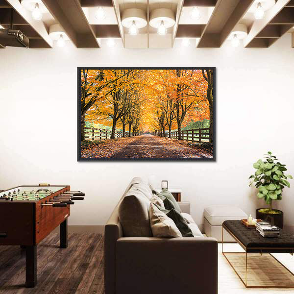 Autumn Tree Tunnel with Golden Leaves Canvas Wall Art