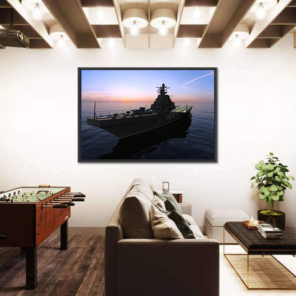 Naval Warship at Sunset Canvas Wall Art
