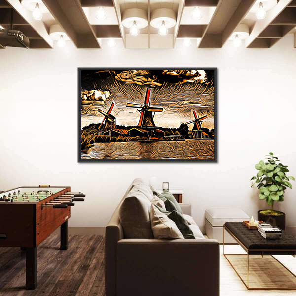 Three Vintage Windmills at Sunset Canvas Wall Art