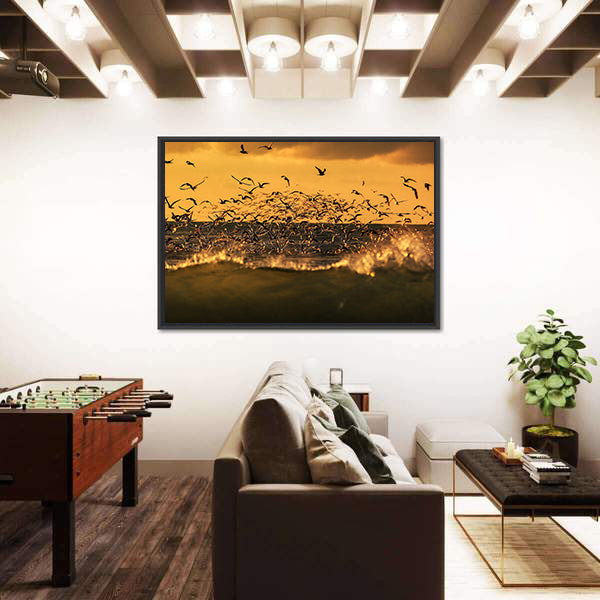 Seagulls Hovering Over Stormy Sea Canvas Wall Art