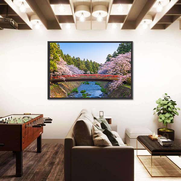 Cherry Blossoms Over Red Arched Bridge Canvas Wall Art