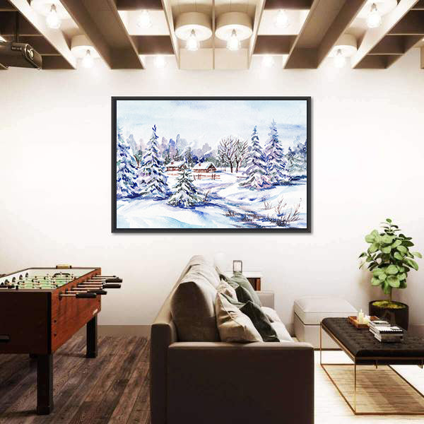 Scenic Winter Village Landscape Canvas Wall Art
