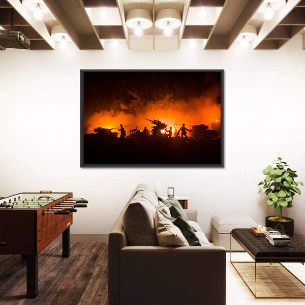 Soldier Silhouettes with Tanks and Anti-aircraft Canvas Wall Art