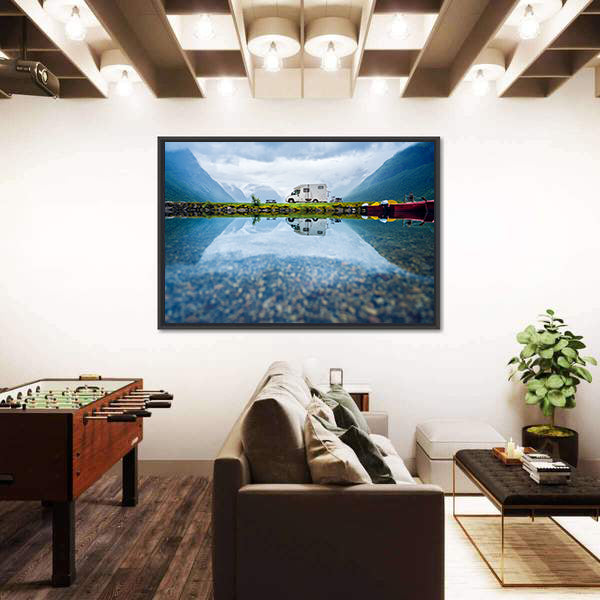 Motorhome by Mountain Lake, Norway Canvas Wall Art