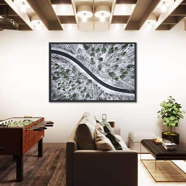 Winter Road In Snowy Forest Canvas Wall Art