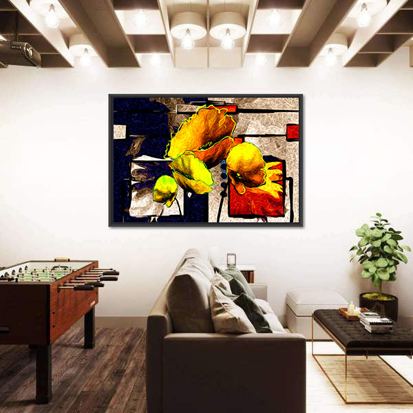 Yellow Poppy Abstract with Geometric Background Canvas Wall Art