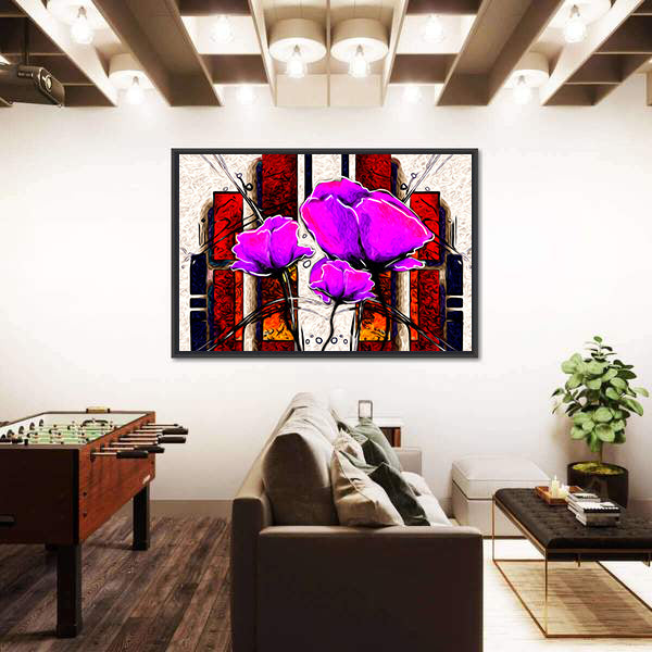 Oil Painted Purple Poppies with Geometric Background Canvas Wall Art