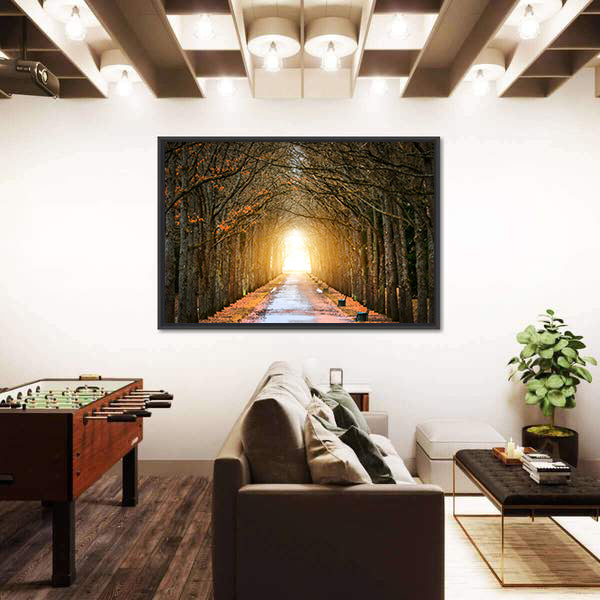 Autumn Tree Tunnel with Benches Canvas Wall Art