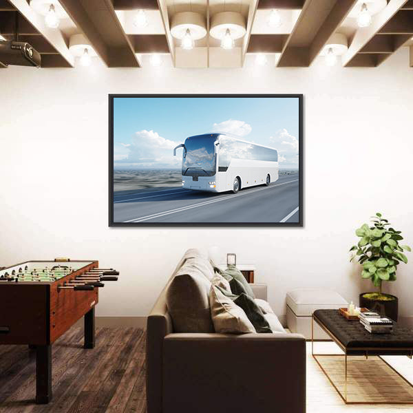 White Coach Bus on Highway Canvas Wall Art