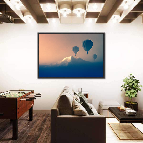 Silhouette Of Air balloon Flying In The Mountains Canvas Wall Art
