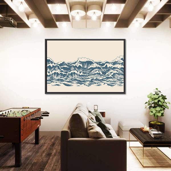Ocean Waves Woodblock Sketch Canvas Wall Art