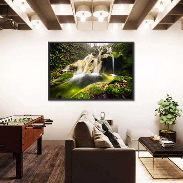 Forest Waterfall with Moss-covered Rocks Canvas Wall Art