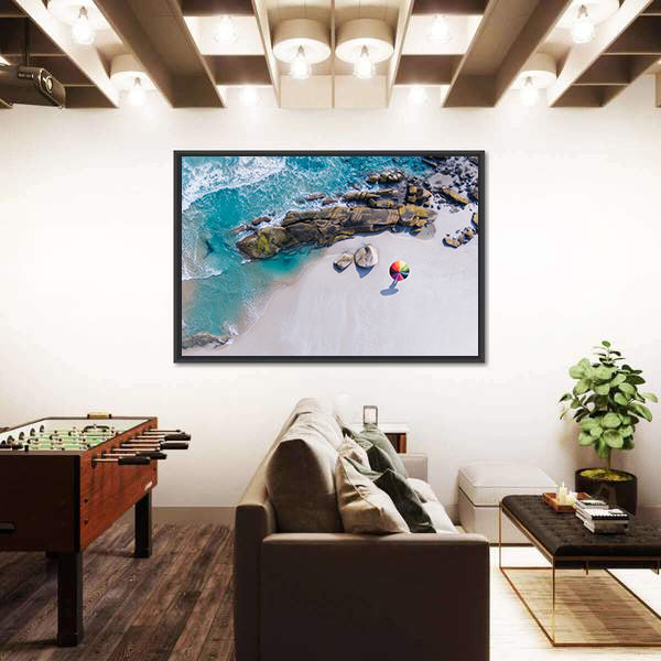Umbrella On The Beach And Foam Of Sea Wave Canvas Wall Art