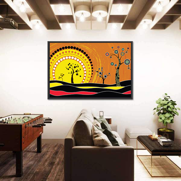 Aboriginal-style Sunset on Rolling Hills Canvas Wall Art