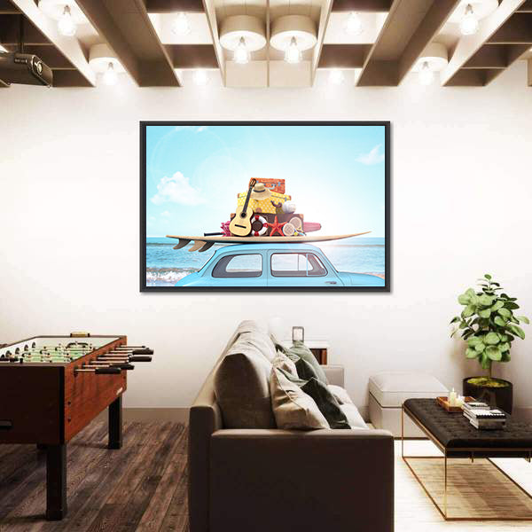 Vintage Beach Car with Surfboard Canvas Wall Art