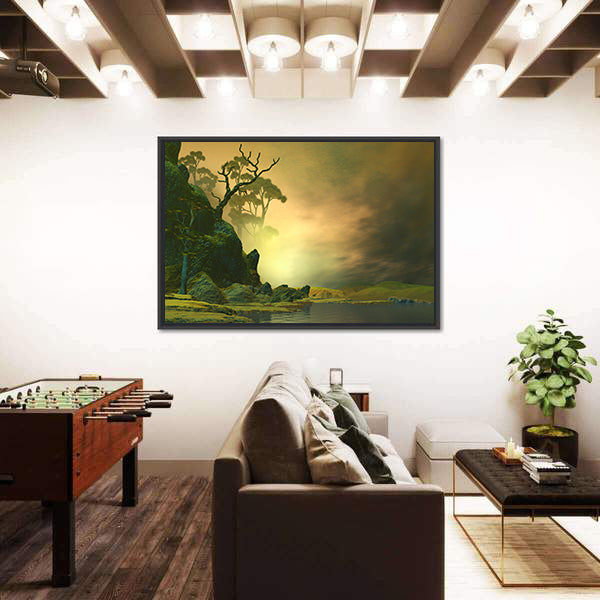 Misty Mountain Lake with Twisted Tree Canvas Wall Art