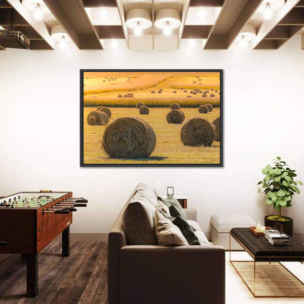 Hay Bales On Golden Field At Sunset Canvas Wall Art