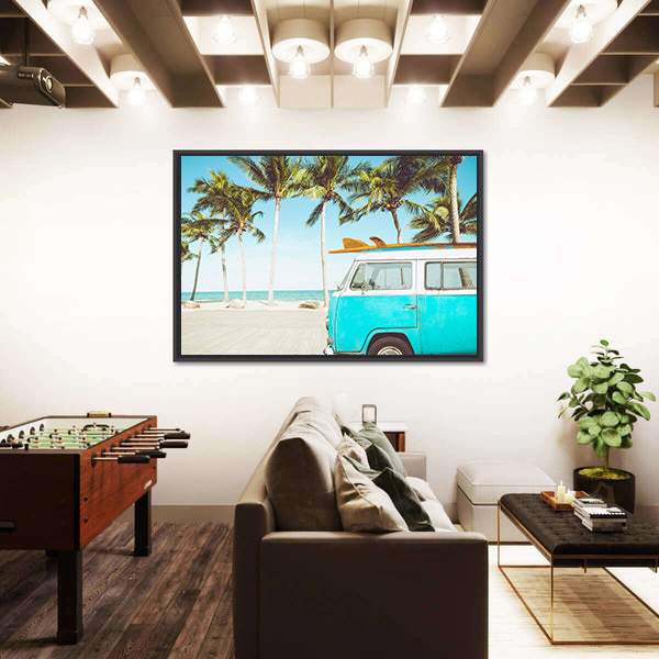 Teal and White Kombi on Tropical Beach Canvas Wall Art
