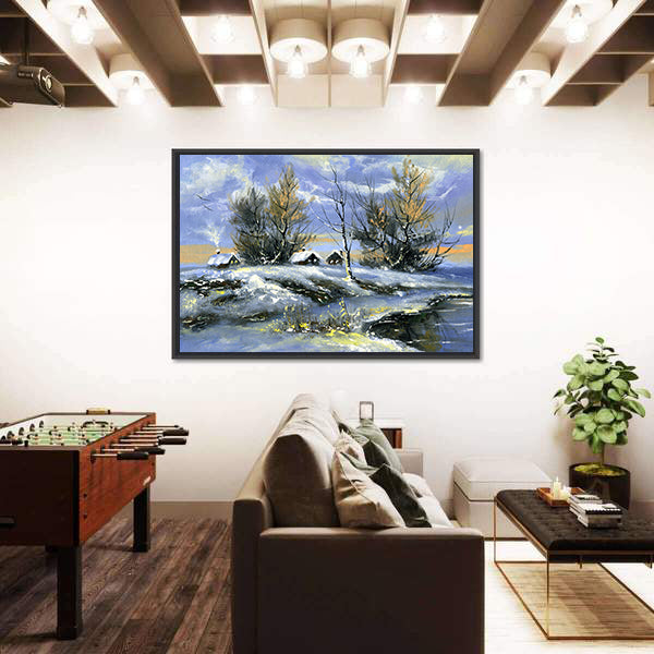 House On Bank Of Lake In Winter Canvas Wall Art
