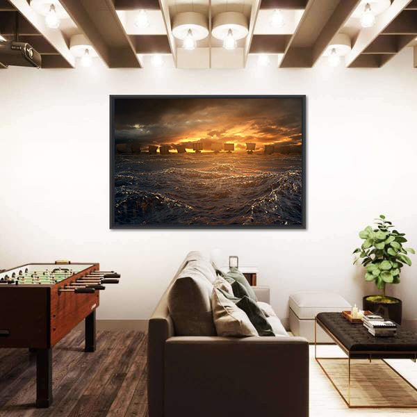 Viking Longships at Stormy Sunset Canvas Wall Art