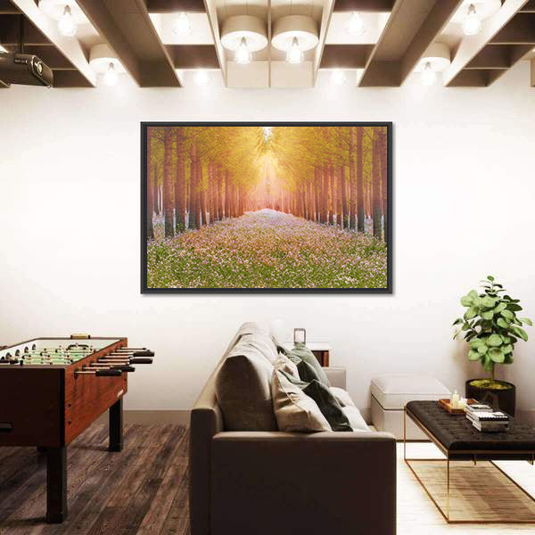Sunlit Forest Path with Wildflowers Canvas Wall Art
