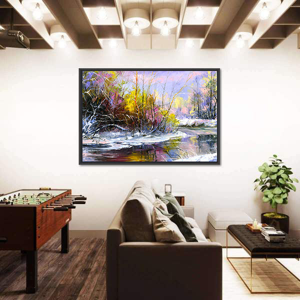 Winter River at Sunset Canvas Wall Art