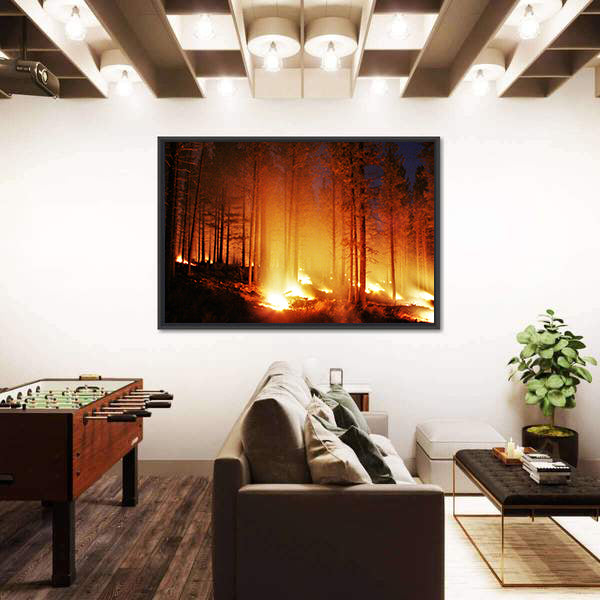 Glowing Forest Fire At Night Canvas Wall Art