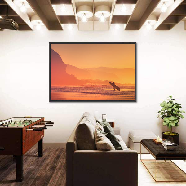 Surfer Silhouette At The Sunset Canvas Wall Art