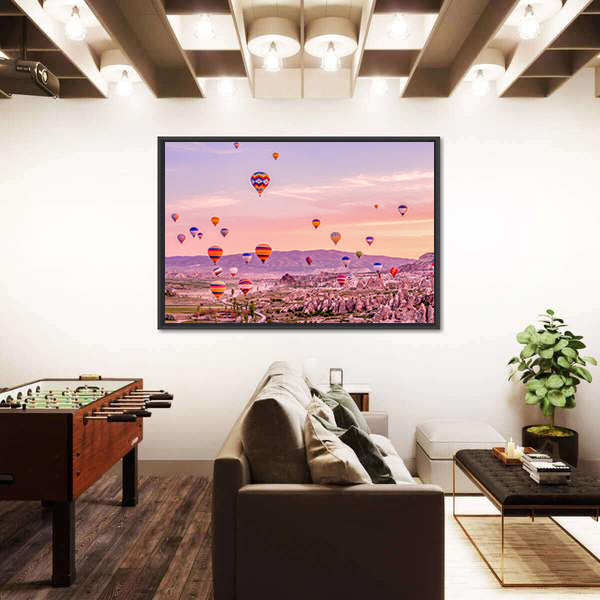 Hot Air balloons Flying Over Rock Landscape At Cappadocia Canvas Wall Art
