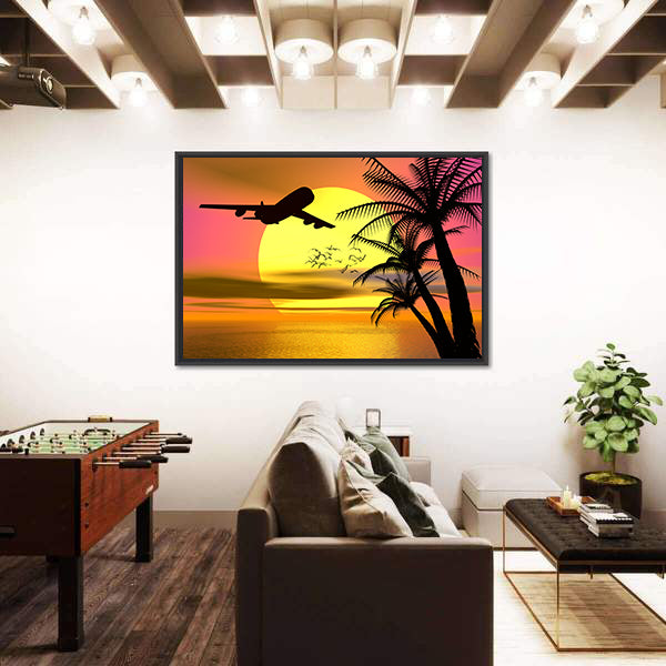 Tropical Sunset With Airplane Canvas Wall Art