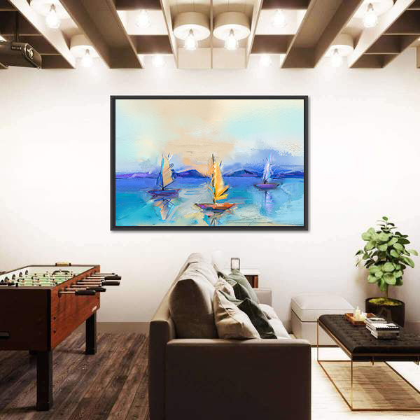 Textured Oil Seascape with Three Sailboats Canvas Wall Art