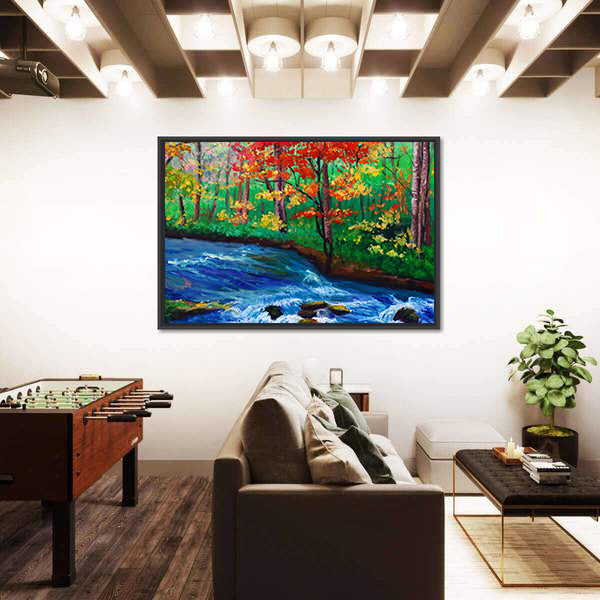 Autumn Maple by Flowing Stream Canvas Wall Art