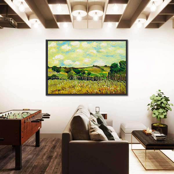 Sunlit Rolling Green Farm Fields Painting Canvas Wall Art