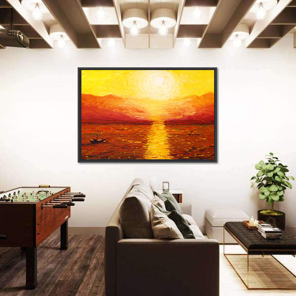 Sunset Sea with Boat Oil Painting Canvas Wall Art