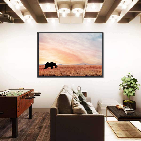 Lonely Elephant In Savannah Sunset Canvas Wall Art