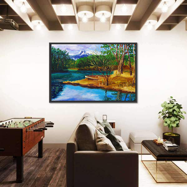 Autumn Lake with Rowboat and Mountain Reflection Canvas Wall Art