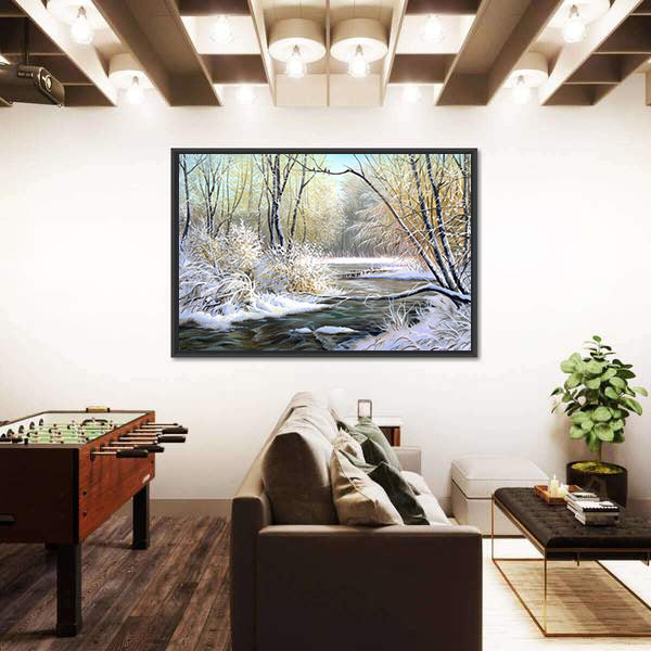 River In Winter Forest Canvas Wall Art