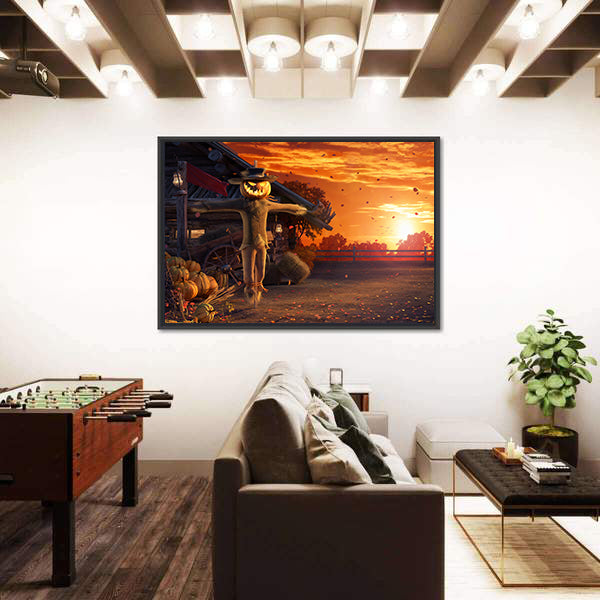 Pumpkin Scarecrow at Autumn Sunset Canvas Wall Art