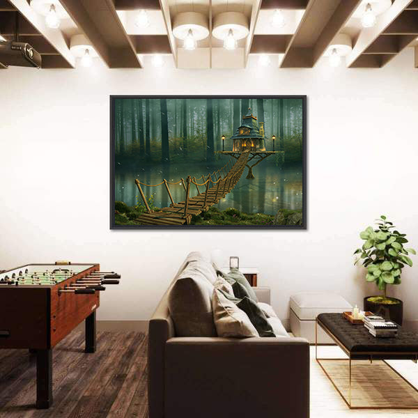 Fairy House on Tree Trunk with Rope Bridge Canvas Wall Art