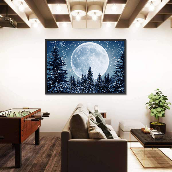 Winter Scene In Full Moon Canvas Wall Art