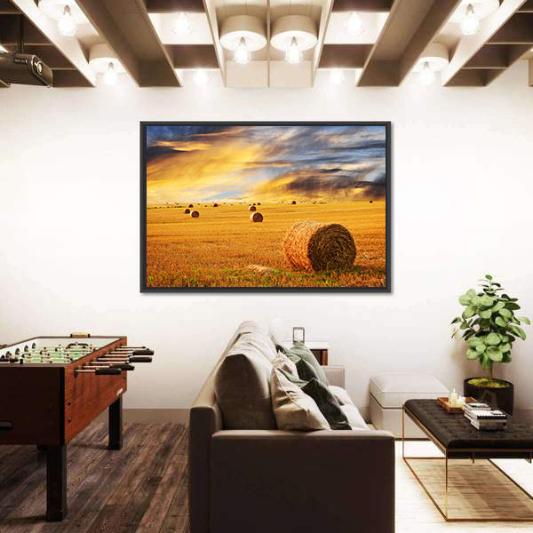 Golden Sunset Over Farm Field With Hay Bales Canvas Wall Art