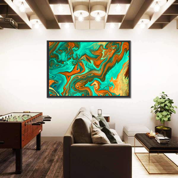 Turquoise and Orange Liquid Abstract Canvas Wall Art