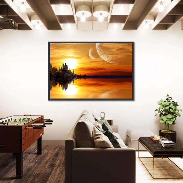 Alien Planet Sunset with Twin Moons Canvas Wall Art