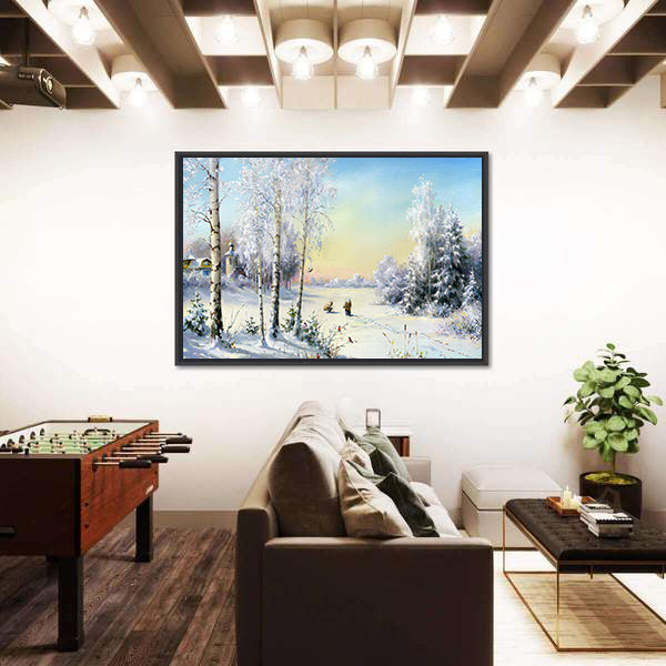 Frozen Lake In Winter Village Canvas Wall Art