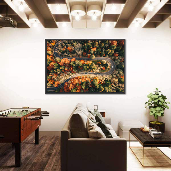 Winding Mountain Road Through Forest In Autumn Canvas Wall Art