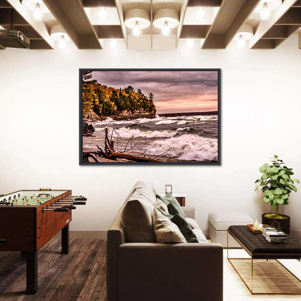 Driftwood on Autumn Lakeshore Canvas Wall Art