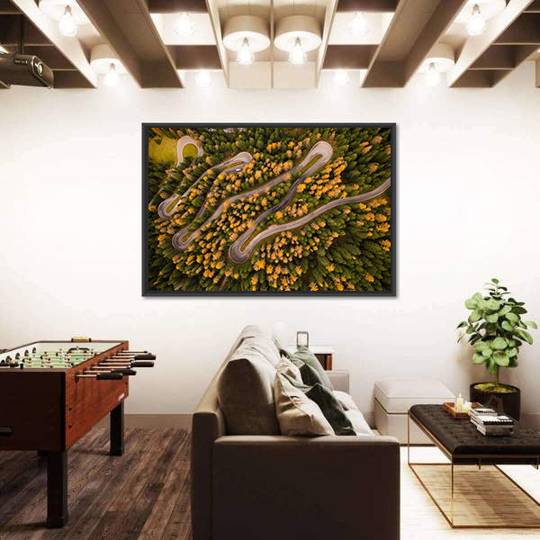 Curvy Road In Autumn Forest Canvas Wall Art