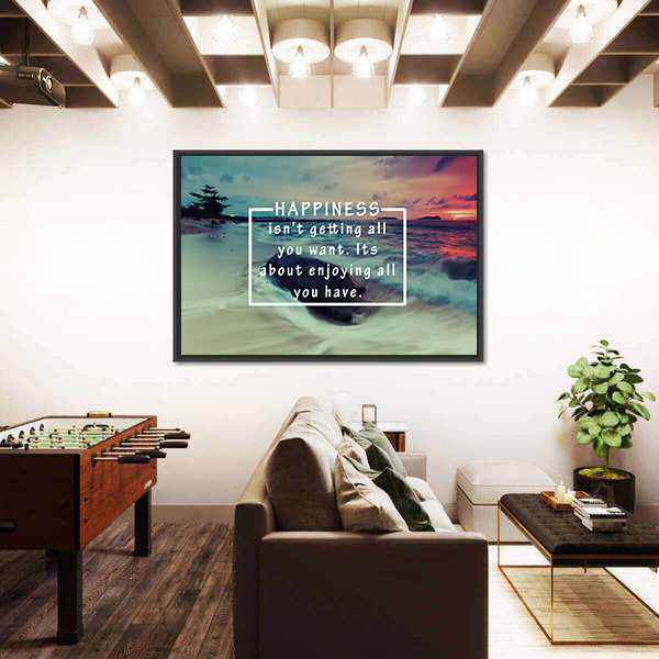 Happiness Quote Over Sunset Beach Canvas Wall Art