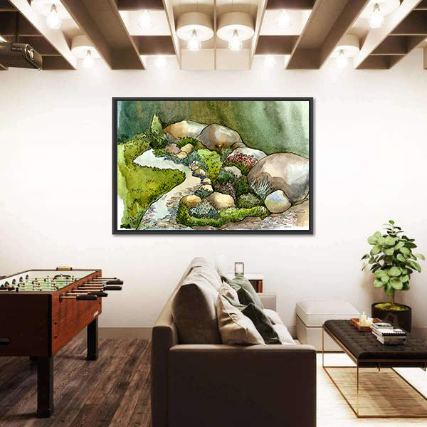 Watercolor Creek in Rock Garden Canvas Wall Art