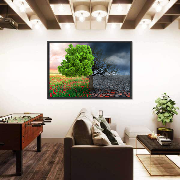 Split Tree with Poppies and Cracked Earth Canvas Wall Art